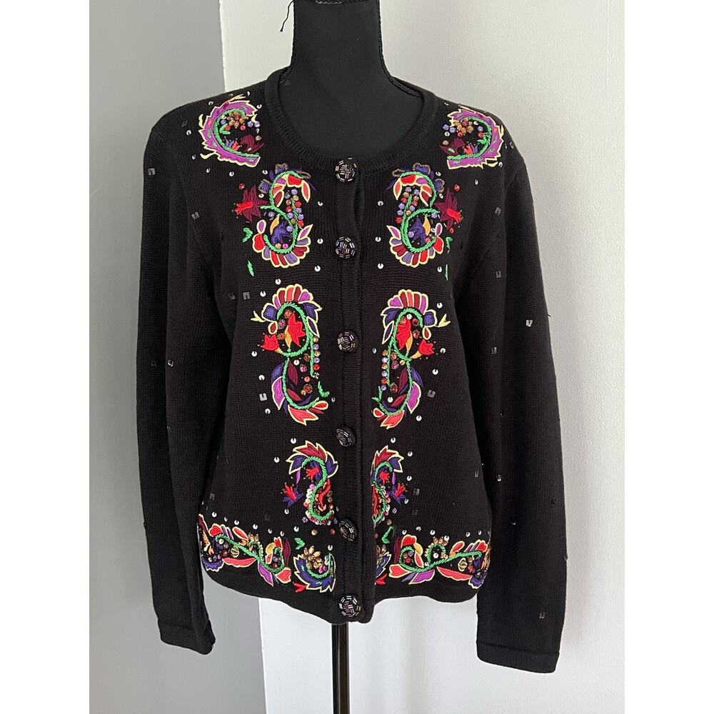 Jack B. Quick Embellished Cardigan Sweater Size Large Mardi Gras Embroidered